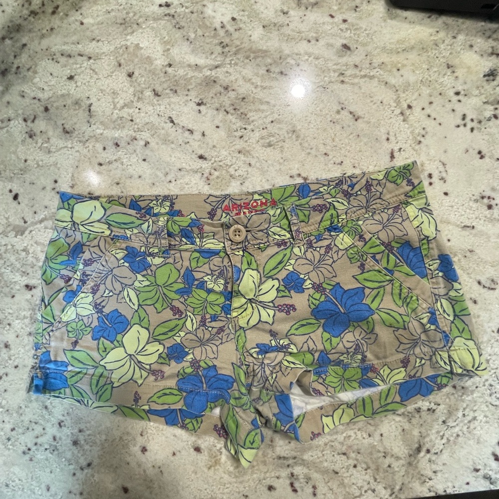 Arizona Jean Company Blue and Green Jean Shorts Vibrant Floral Design